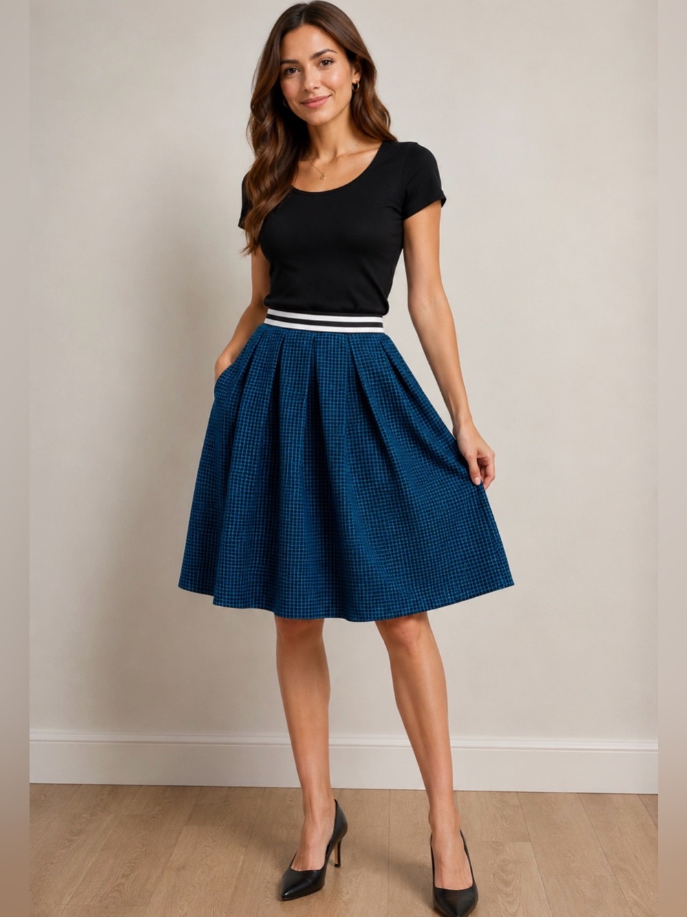 English Factory Blue Black Grid Print Pleated Midi Skirt Striped Waistband S